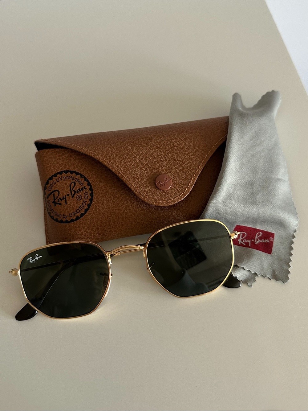 Hexagonal Ray-Ban Gold Frame Sunglasses with Dark Green Lenses, Tortoise Detail